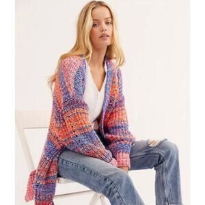 Free People Dreaming Again Cardigan Sweater Oversized Pink Purple Boho Medium